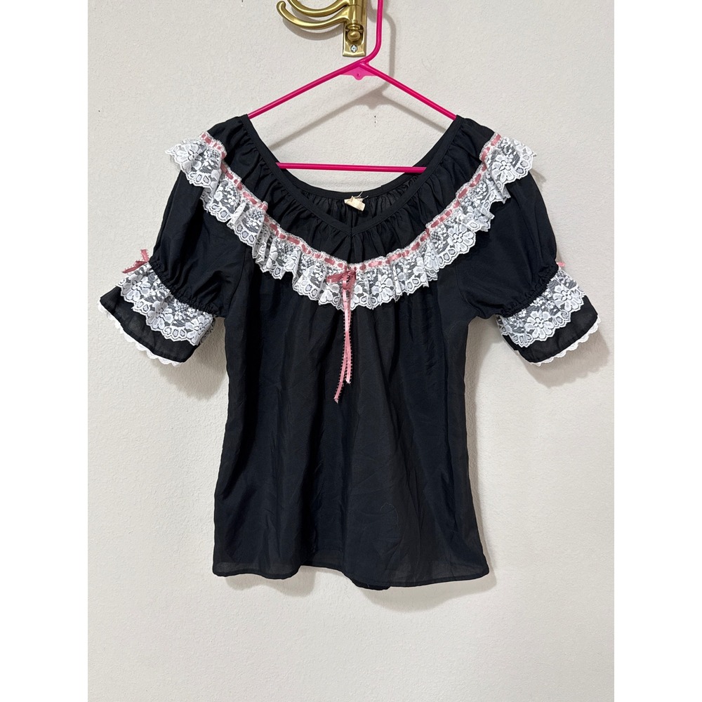 Rockmount Ranch Wear Vintage Western Blouse Womens M Black Lace Ribbon Trim USA